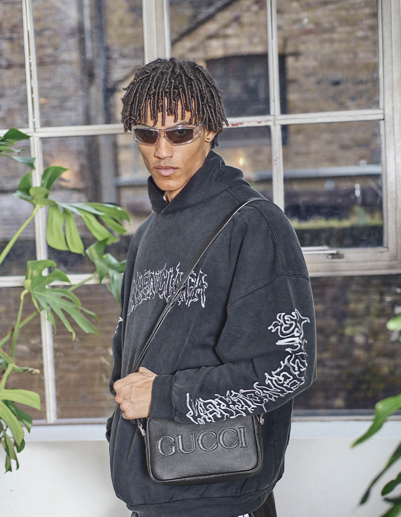 Model wears casual outfit featuring Gucci, Marine Serre and Y3