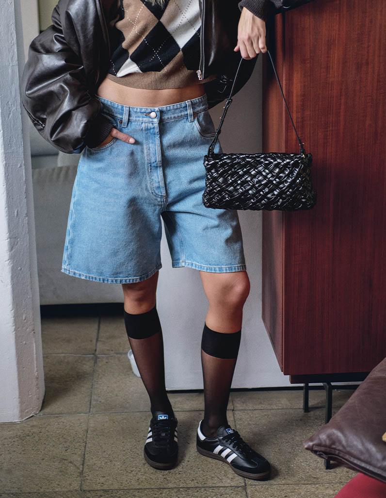 Preppy outfit, model wears Prada, Bottega Veneta and Acne Studios