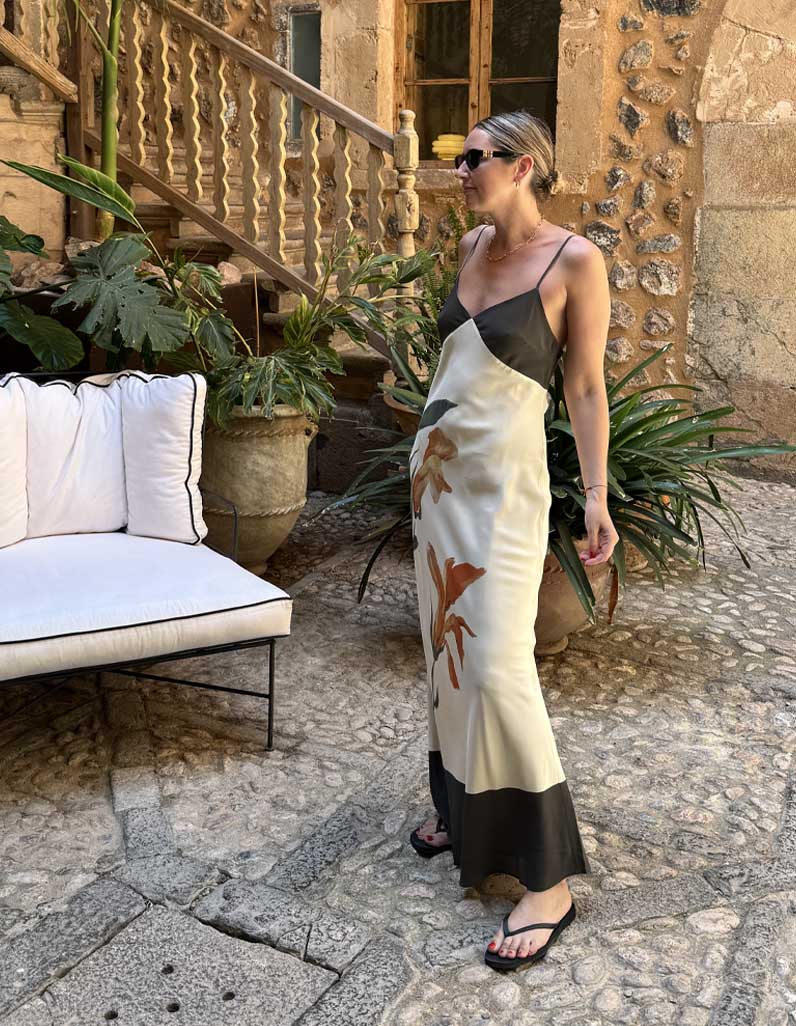 Emma Rose Thatcher in silk slip dress on holiday