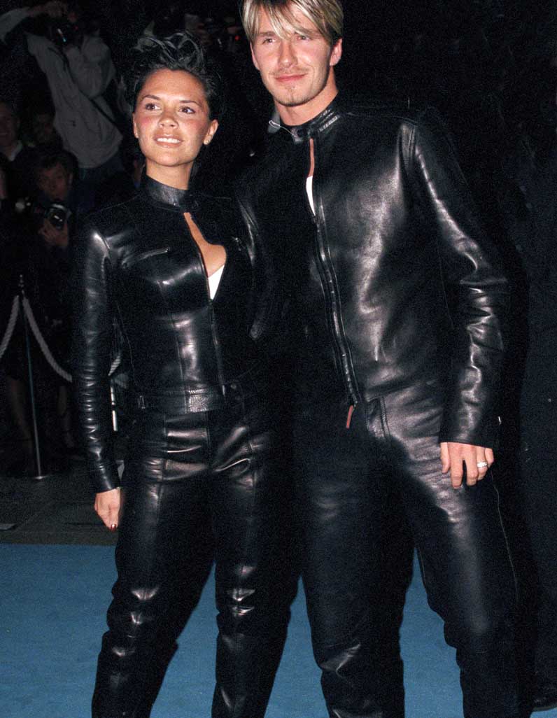 Victoria Beckham and David Beckham wearing head-to-toe leather by Gucci