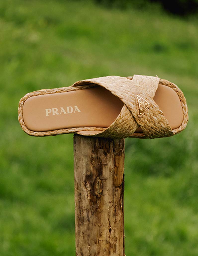 Prada Crisscross Raffia Slides