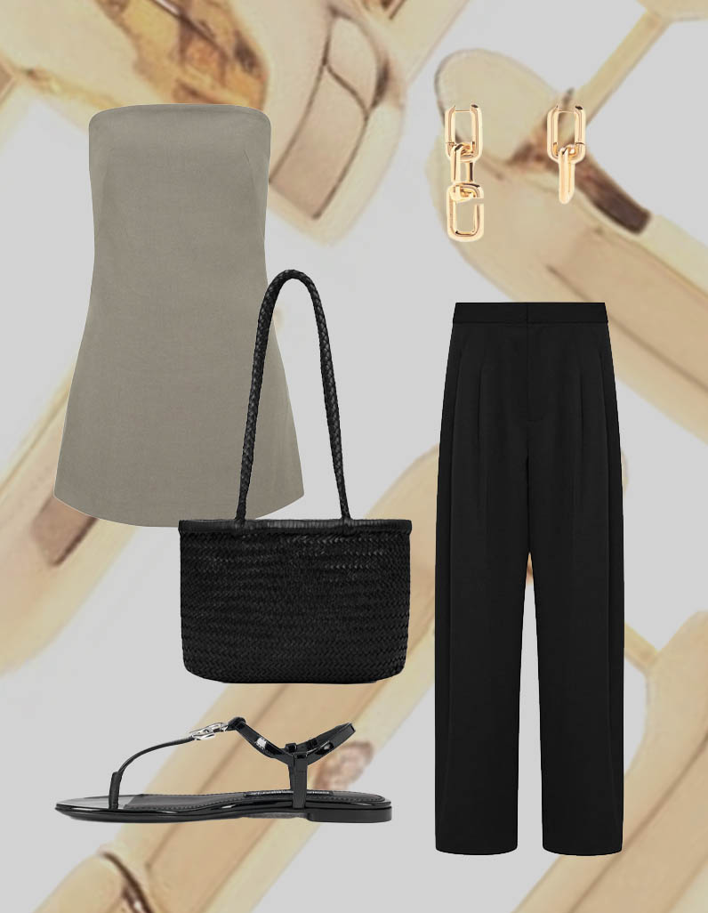 Grey strapless top, black woven bag, black flip flop style sandals and black tailored trousers