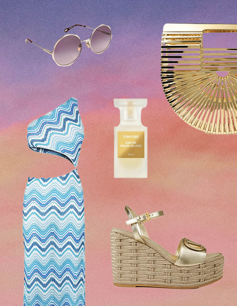 Missoni maxi dress with blue chevrons, Chloe round sunglasses, Tom Ford Soleil Blanc fragrance, Cult Gaia golden ark bag, Valentino Garavani gold wedges