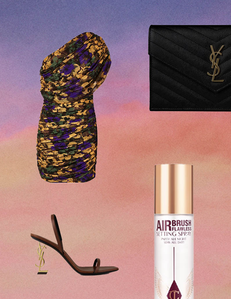 Dark floral Saint Laurent mini dress, YSL shoes, Black Saint Laurent clutch bag, Charlotte Tilbury Airbrush Flawless Setting Spray 