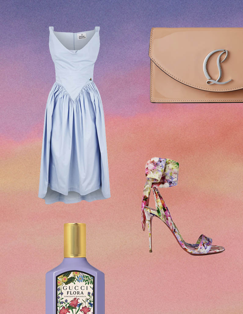 Blue Vivienne Westwood dress, nude Christian Louboutin small bag, Christian Louboutin floral heels and Gucci Flora fragrance in purple bottle