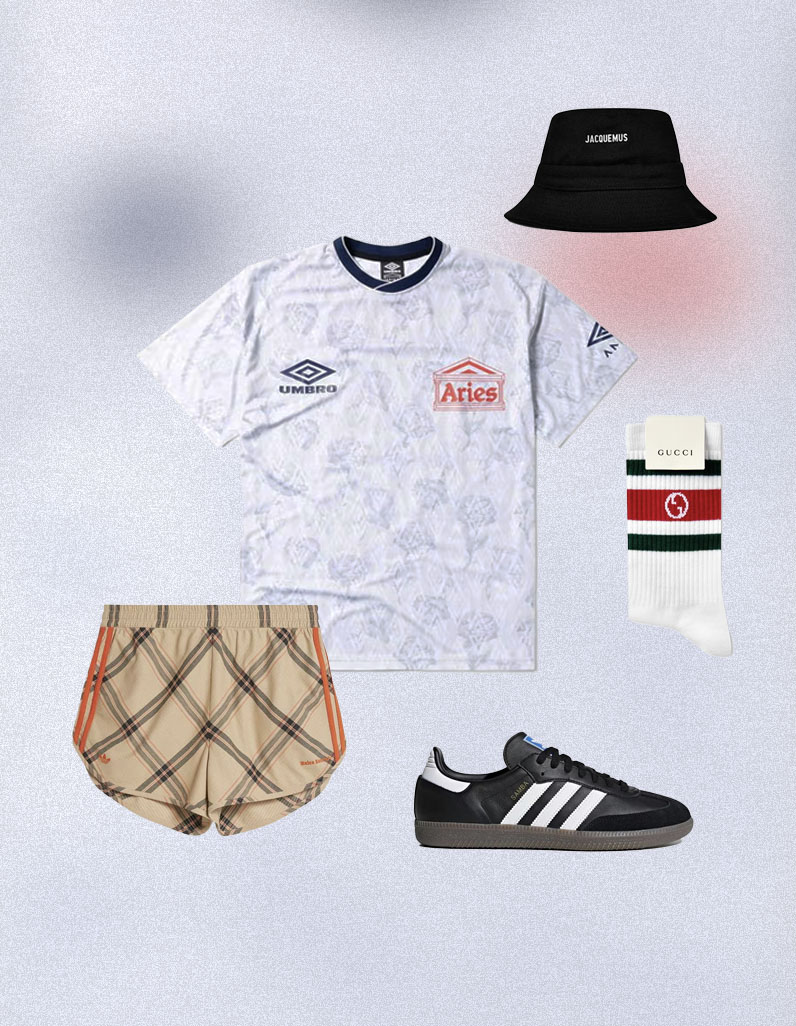 ARIES FOOTBALL SHIRT, ADIDAS WALES BONNER SHORTS, ADIDAS SAMBAS