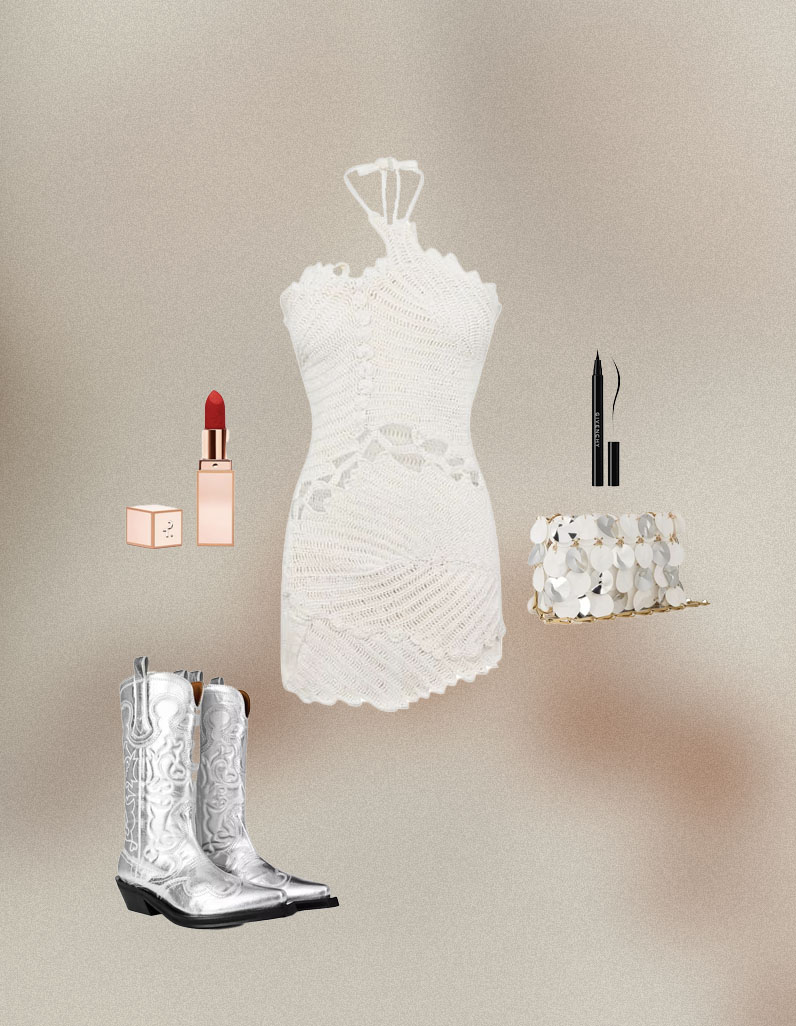 SILVER GANNI BOOTS, RED PATRICK TA LIPSTICK, WHITE CULT GAIA DRESS, BLACK EYELINER AND SILVER RABANNE BAG