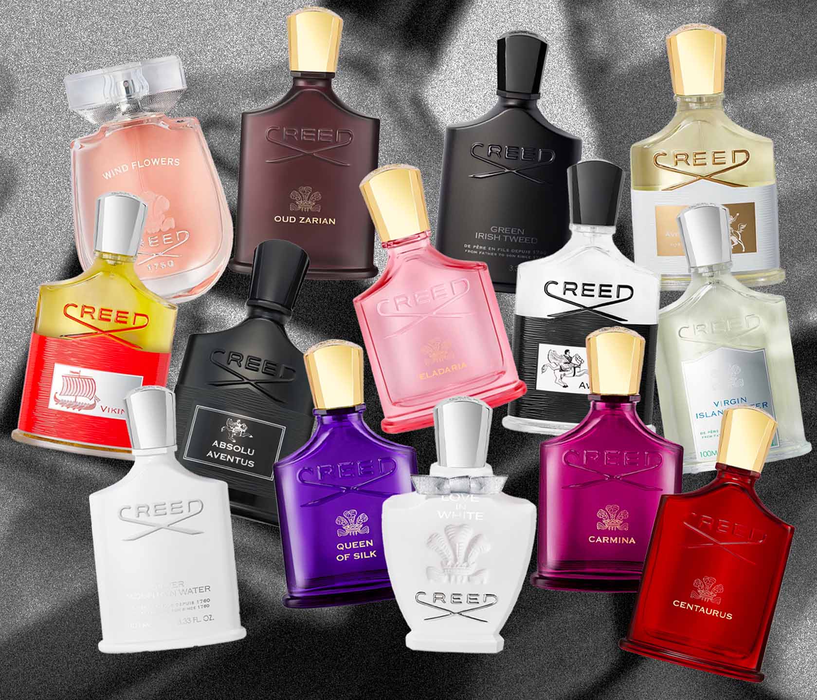 Collage of Creed perfume bottles 