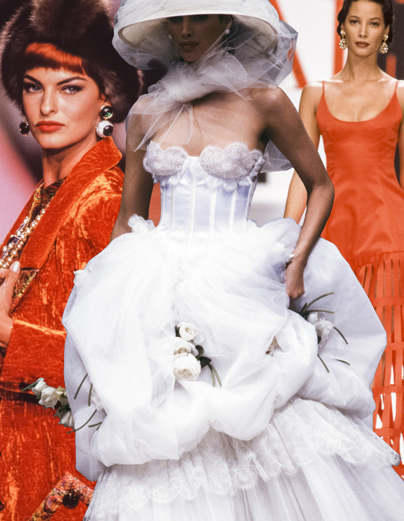 Shots of runway outfits featuring Valentino red and bridal gown