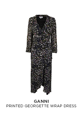 Ganni printed georgette wrap dress in black with a floral print