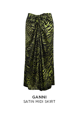 Ganni satin midi skirt in a green and black tiger print