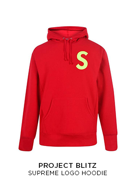 Project Blitz Supreme red logo hoodie with a yellow S logo